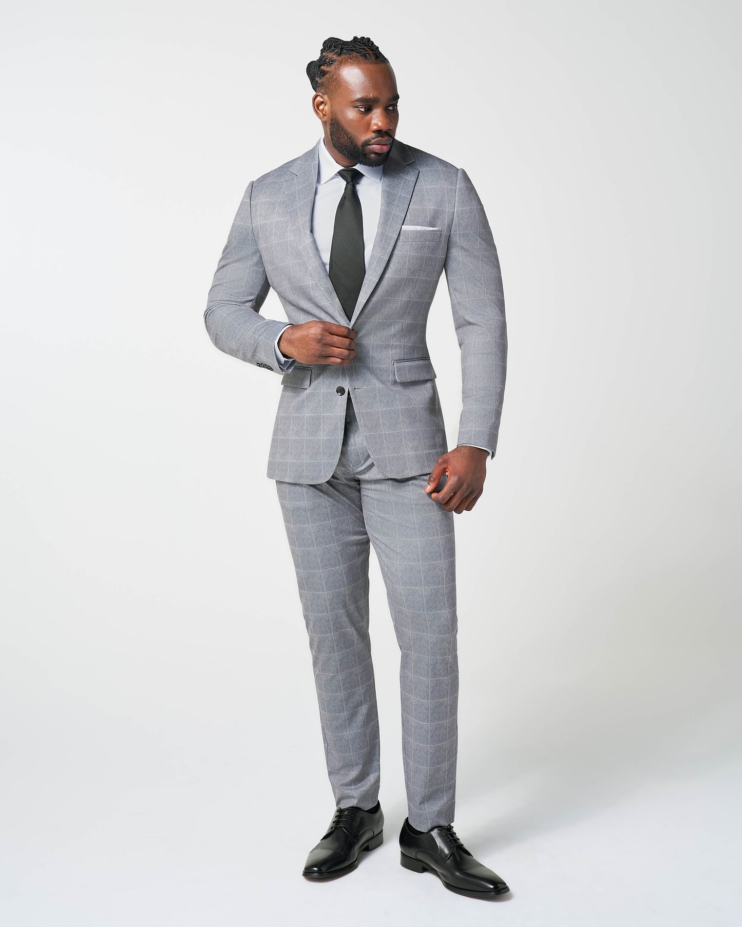 State & Liberty Athletic Fit Stretch Suit - Light Grey & White Windowpane