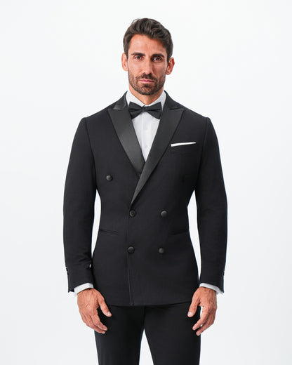 State & Liberty Athletic Fit Stretch Tuxedo Jacket - Double Breasted Solid Black with