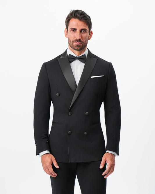 State & Liberty Athletic Fit Stretch Tuxedo Jacket - Double Breasted Solid Black with