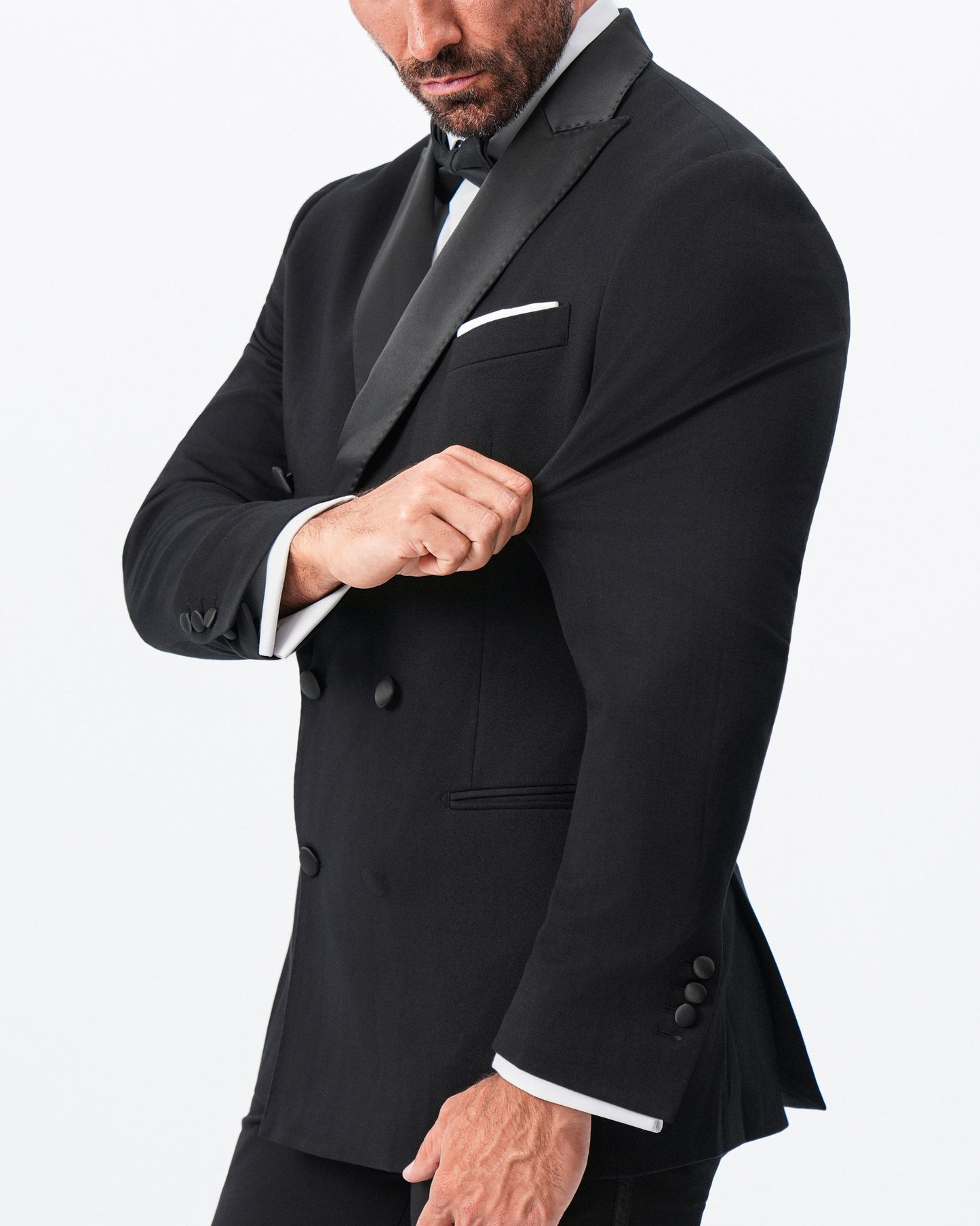 State & Liberty Athletic Fit Stretch Tuxedo Jacket - Double Breasted Solid Black with