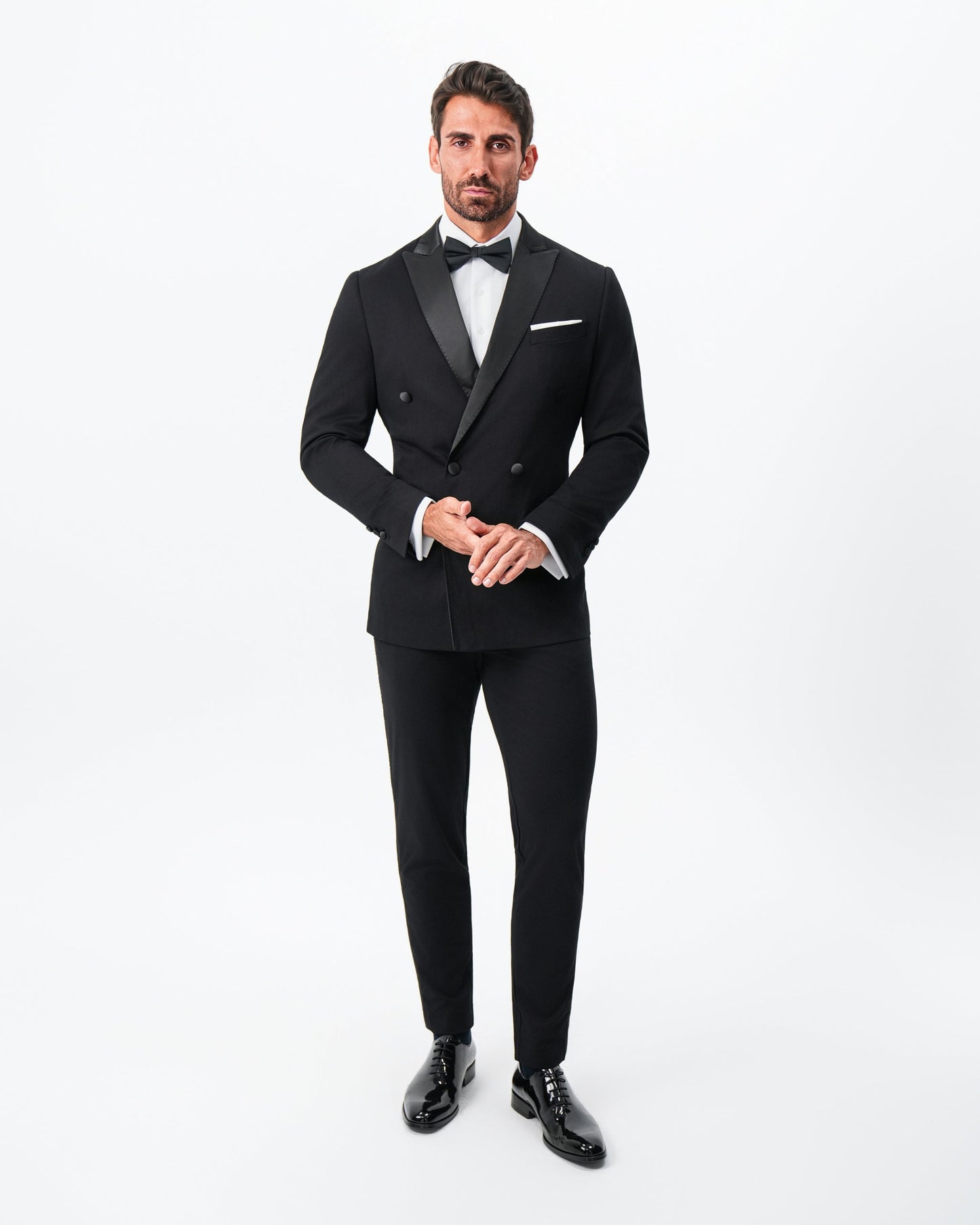 State & Liberty Athletic Fit Stretch Tuxedo Jacket - Double Breasted Solid Black with