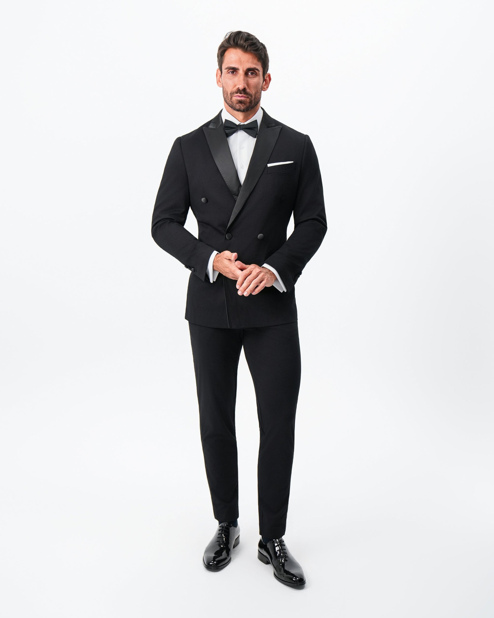 State & Liberty Athletic Fit Stretch Tuxedo Jacket - Double Breasted Solid Black with