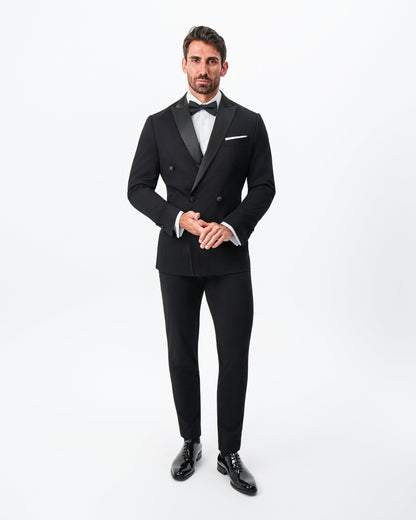 State & Liberty Athletic Fit Stretch Tuxedo Jacket - Double Breasted Solid Black with