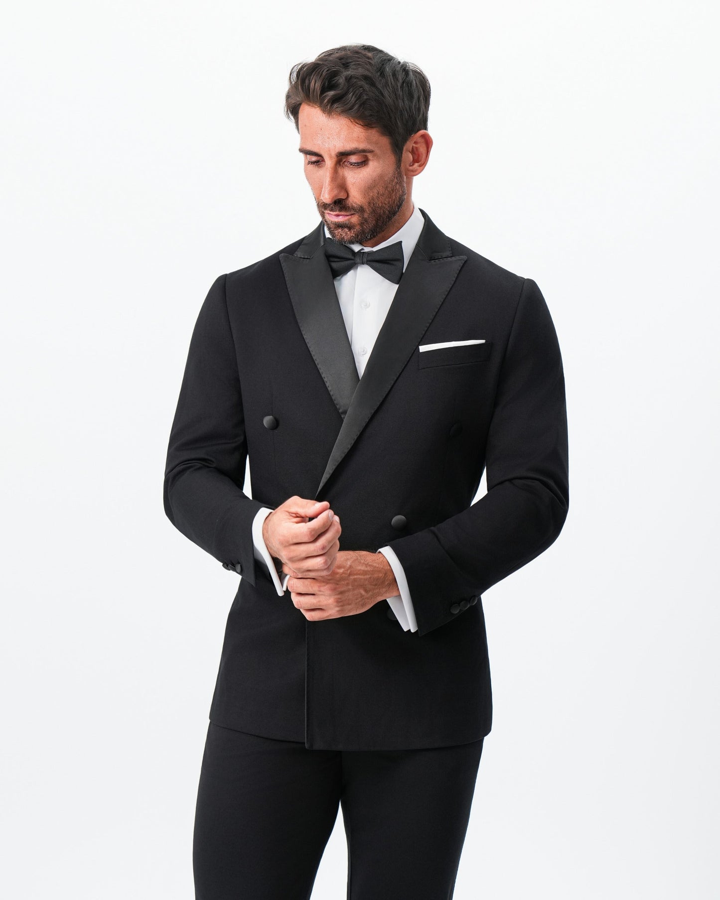 State & Liberty Athletic Fit Stretch Tuxedo Jacket - Double Breasted Solid Black with
