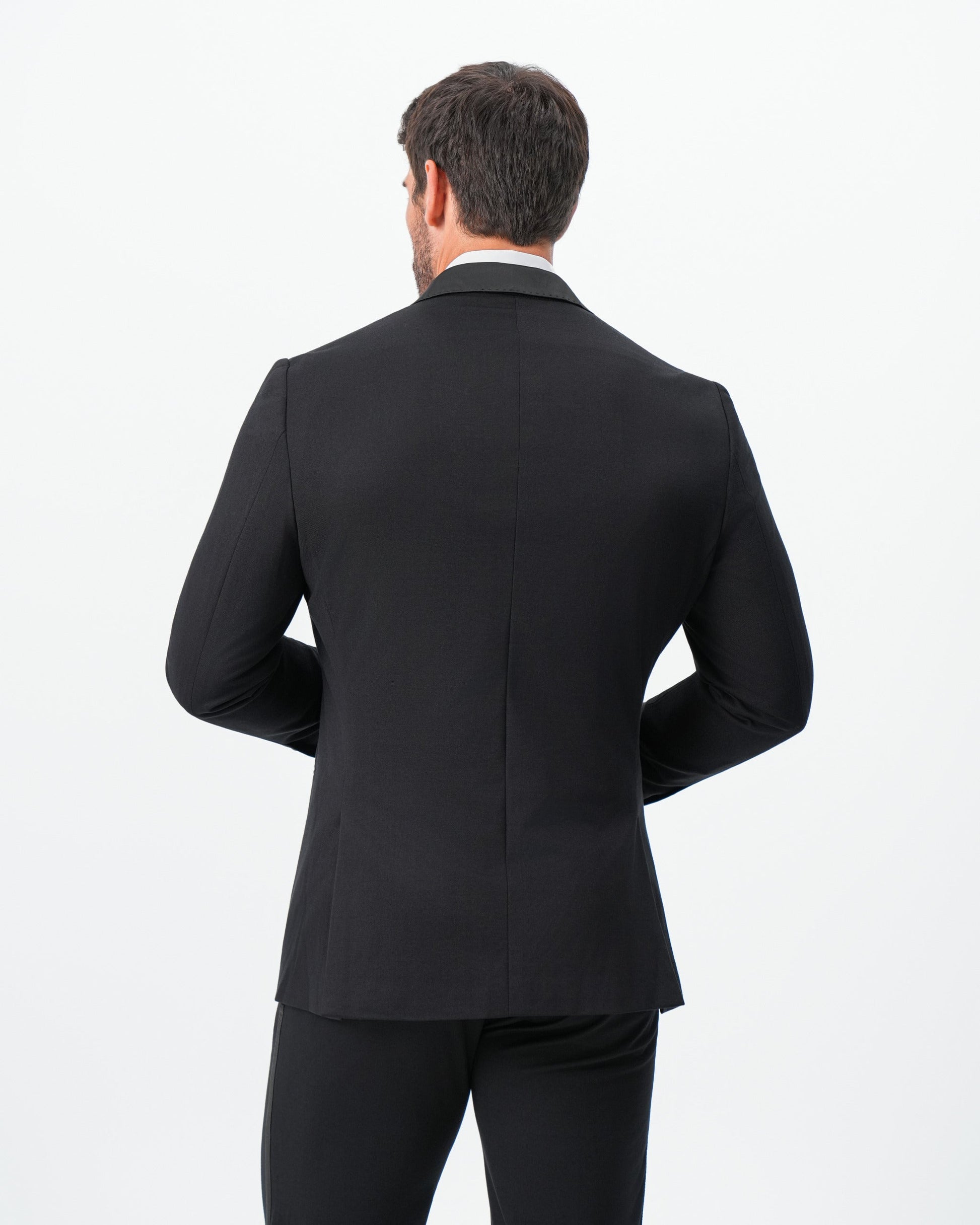 State & Liberty Athletic Fit Stretch Tuxedo Jacket - Double Breasted Solid Black with