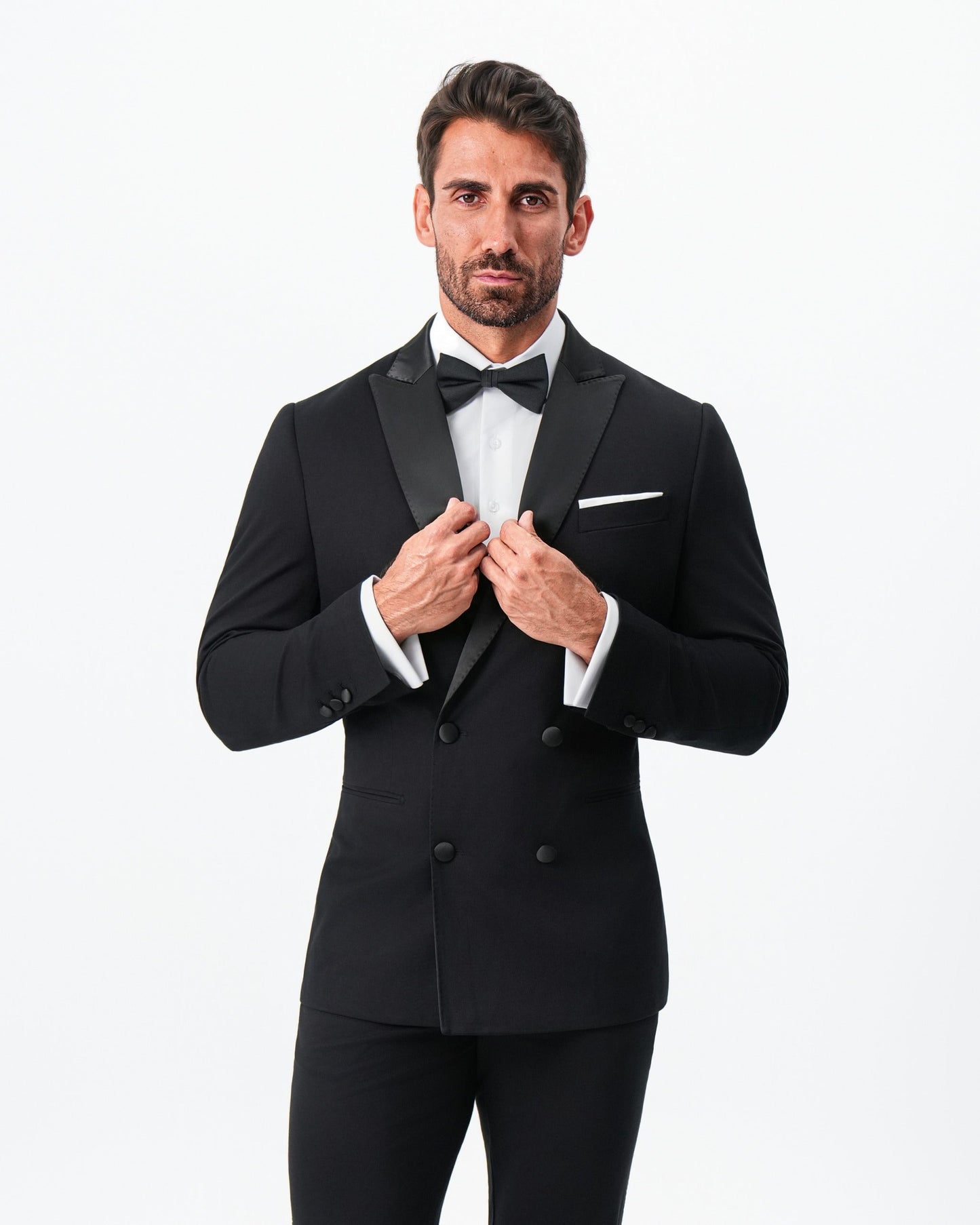 State & Liberty Athletic Fit Stretch Tuxedo Jacket - Double Breasted Solid Black with