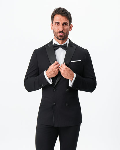 State & Liberty Athletic Fit Stretch Tuxedo Jacket - Double Breasted Solid Black with