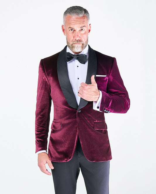 State & Liberty Athletic Fit Stretch Tuxedo Jacket - Maroon Velvet