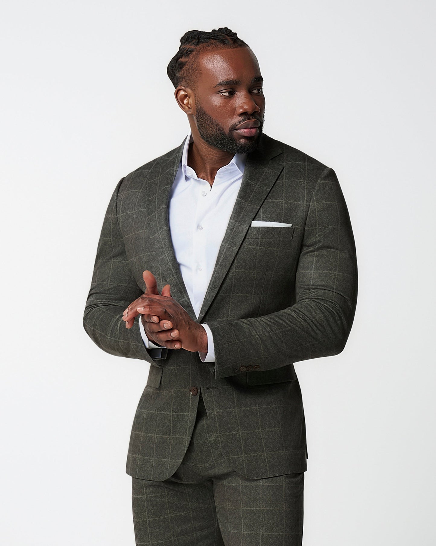 State & Liberty Athletic Fit Stretch Blazer - Olive with White Windowpane