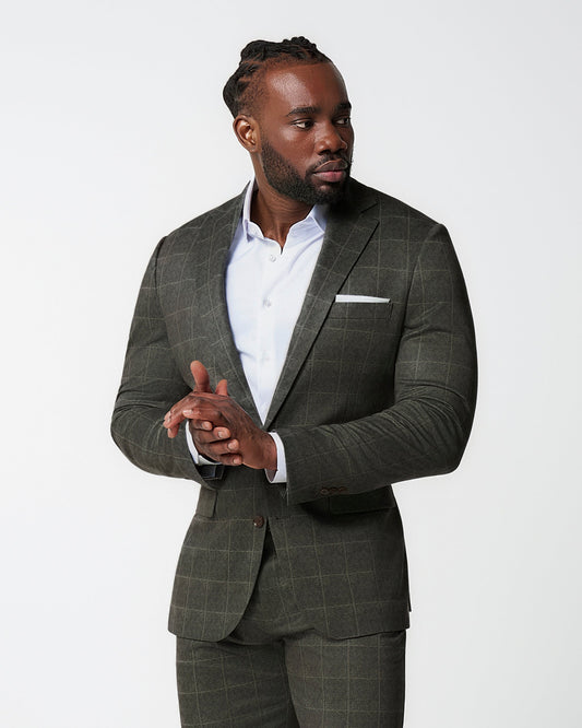 State & Liberty Athletic Fit Stretch Blazer - Olive with White Windowpane