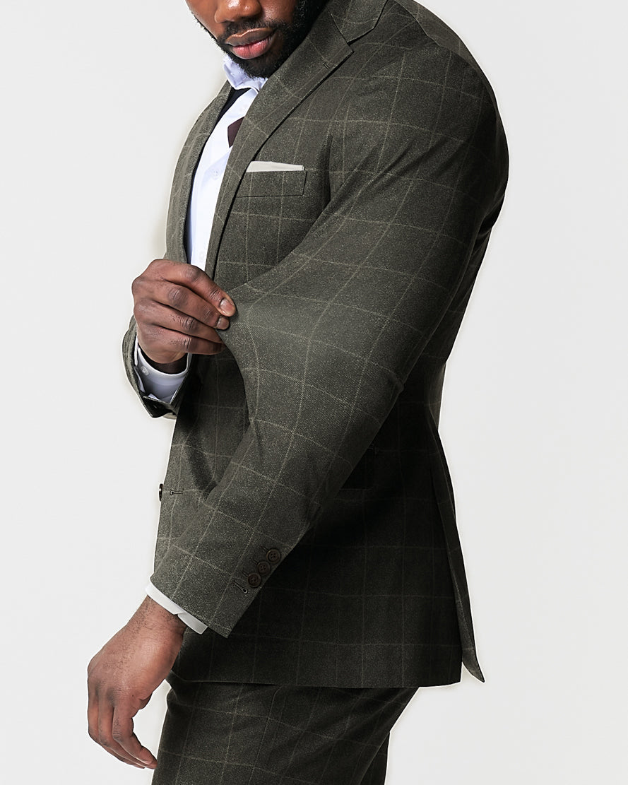 State & Liberty Athletic Fit Stretch Blazer - Olive with White Windowpane