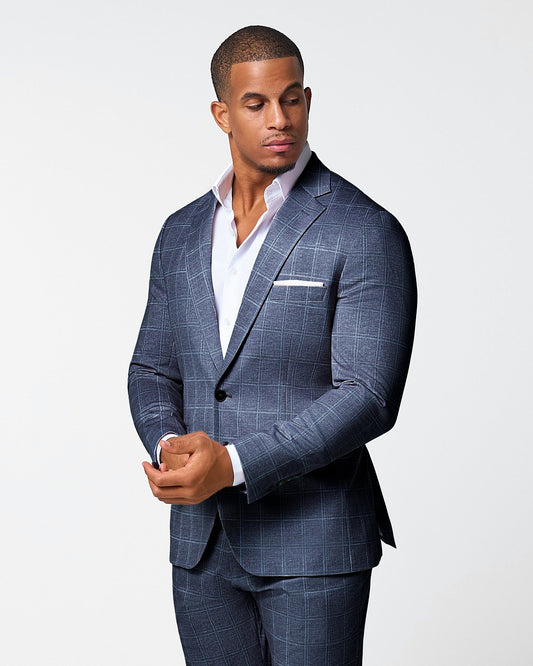 State & Liberty Athletic Fit Stretch Blazer - Textured Navy with White Windowpane