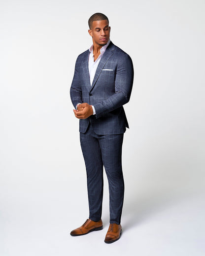 State & Liberty Athletic Fit Stretch Blazer - Textured Navy with White Windowpane