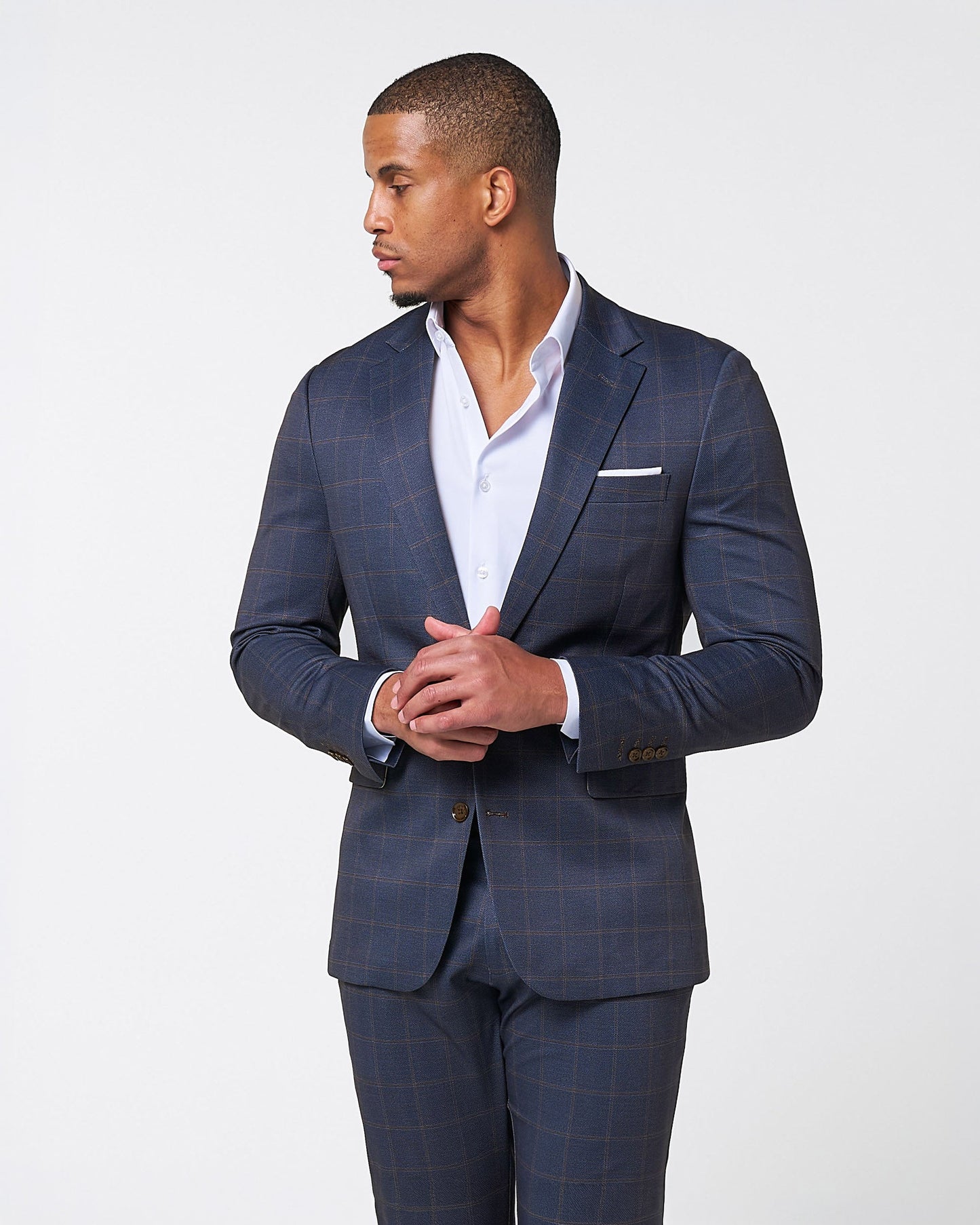 State & Liberty Athletic Fit Stretch Blazer - Navy & Brown Windowpane