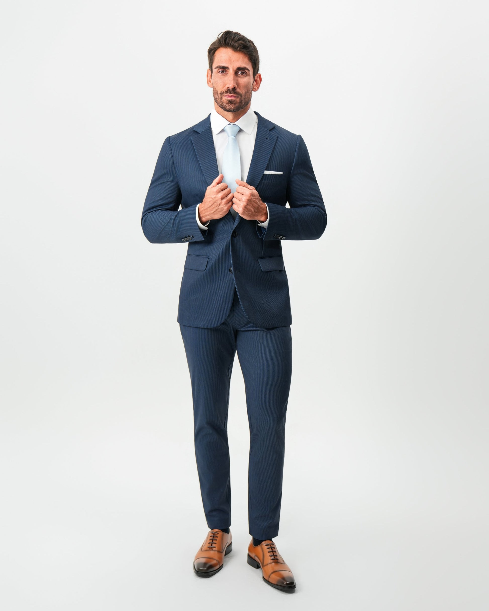 State & Liberty Athletic Fit Stretch Blazer - Navy & White Pinstripe