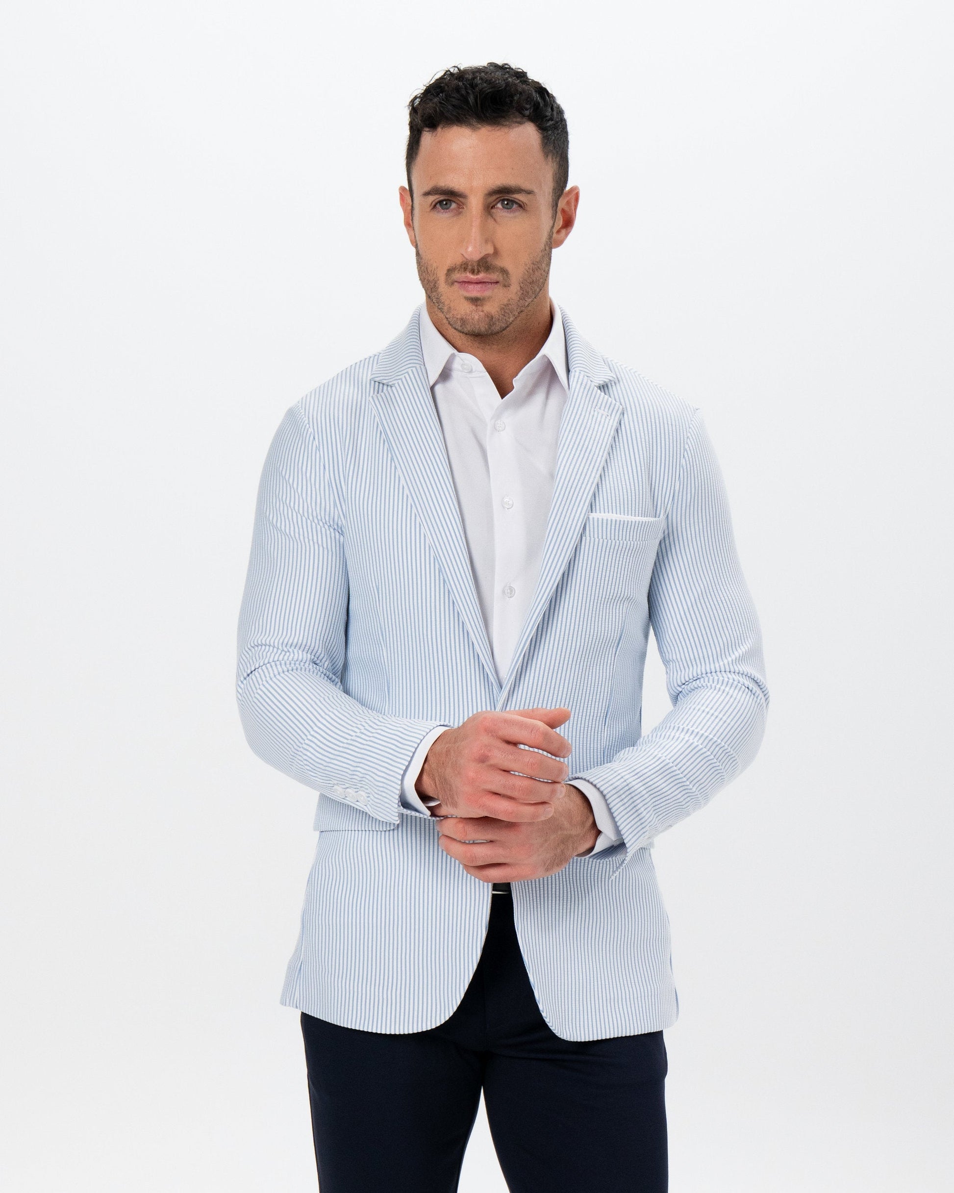 State & Liberty Athletic Fit Stretch Blazer - Light Blue & White Seersucker
