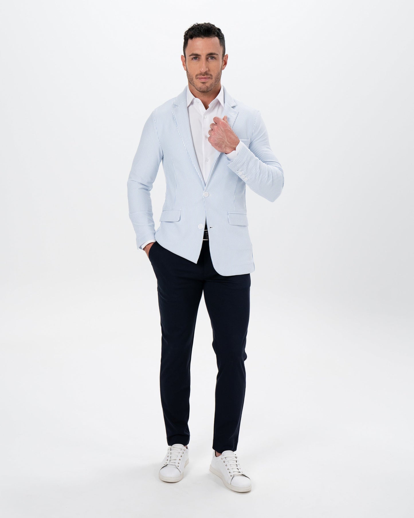 State & Liberty Athletic Fit Stretch Blazer - Light Blue & White Seersucker