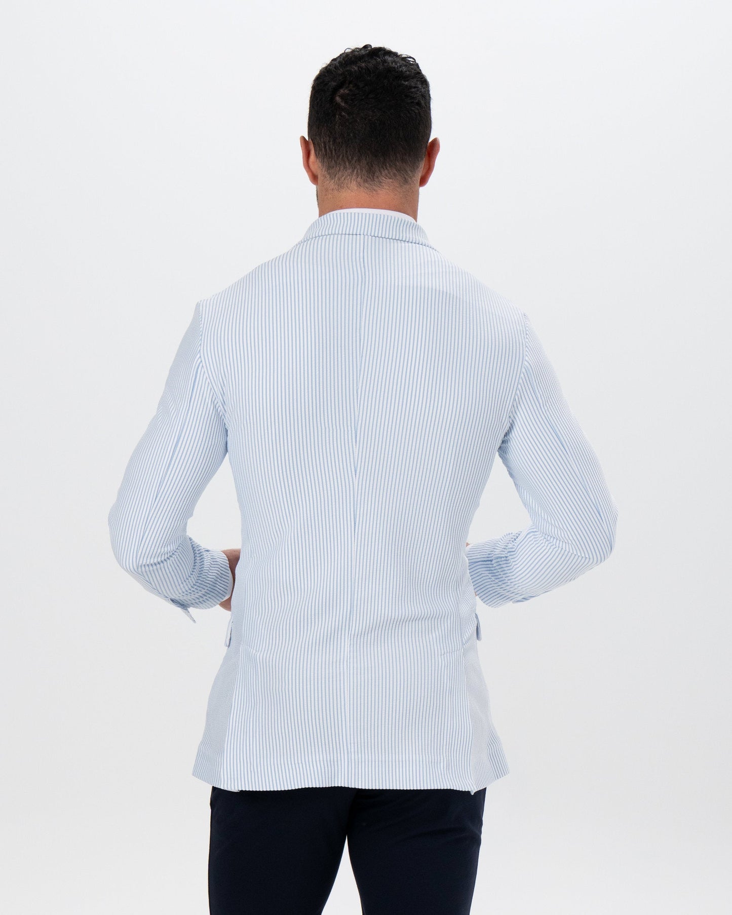 State & Liberty Athletic Fit Stretch Blazer - Light Blue & White Seersucker