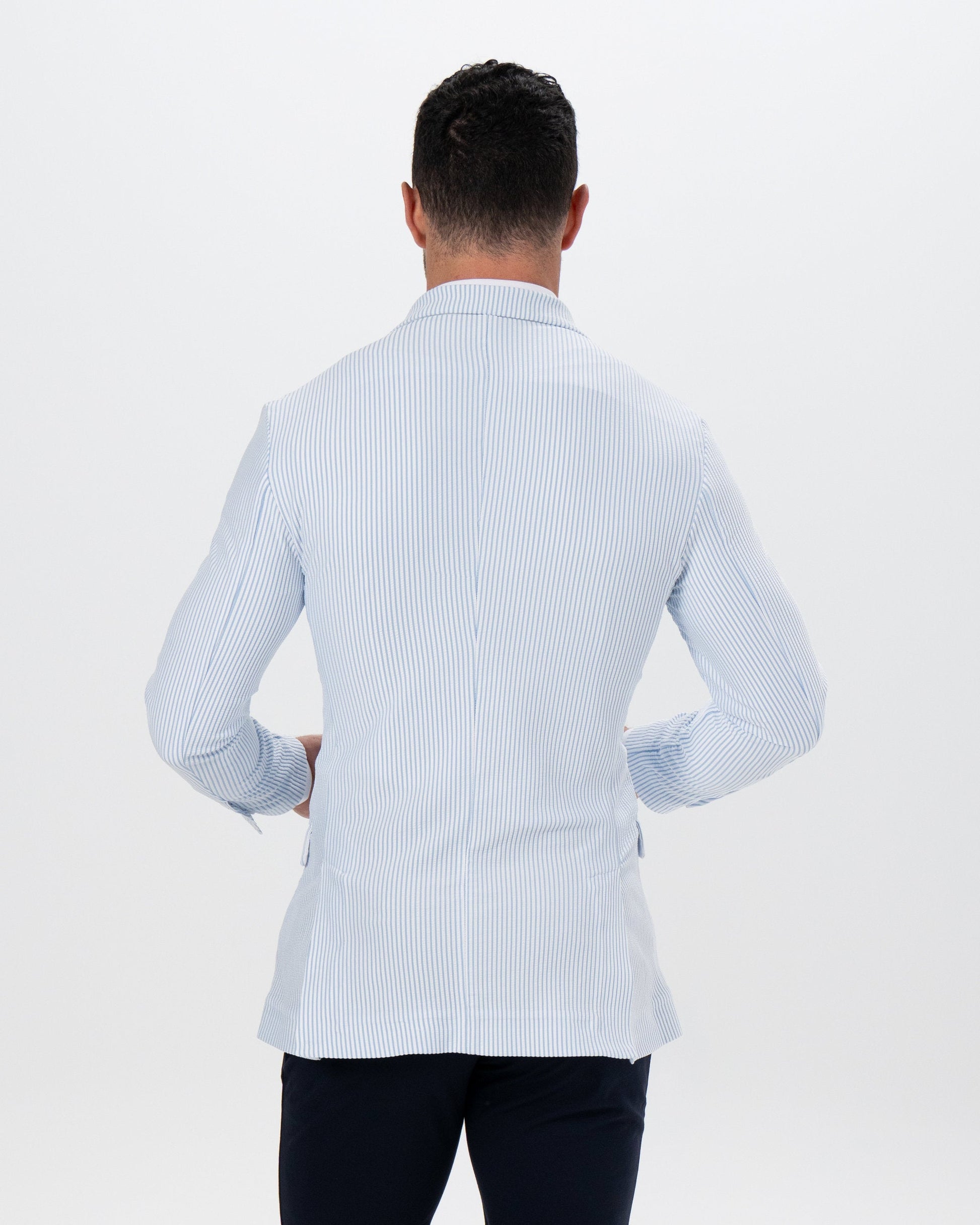 State & Liberty Athletic Fit Stretch Blazer - Light Blue & White Seersucker