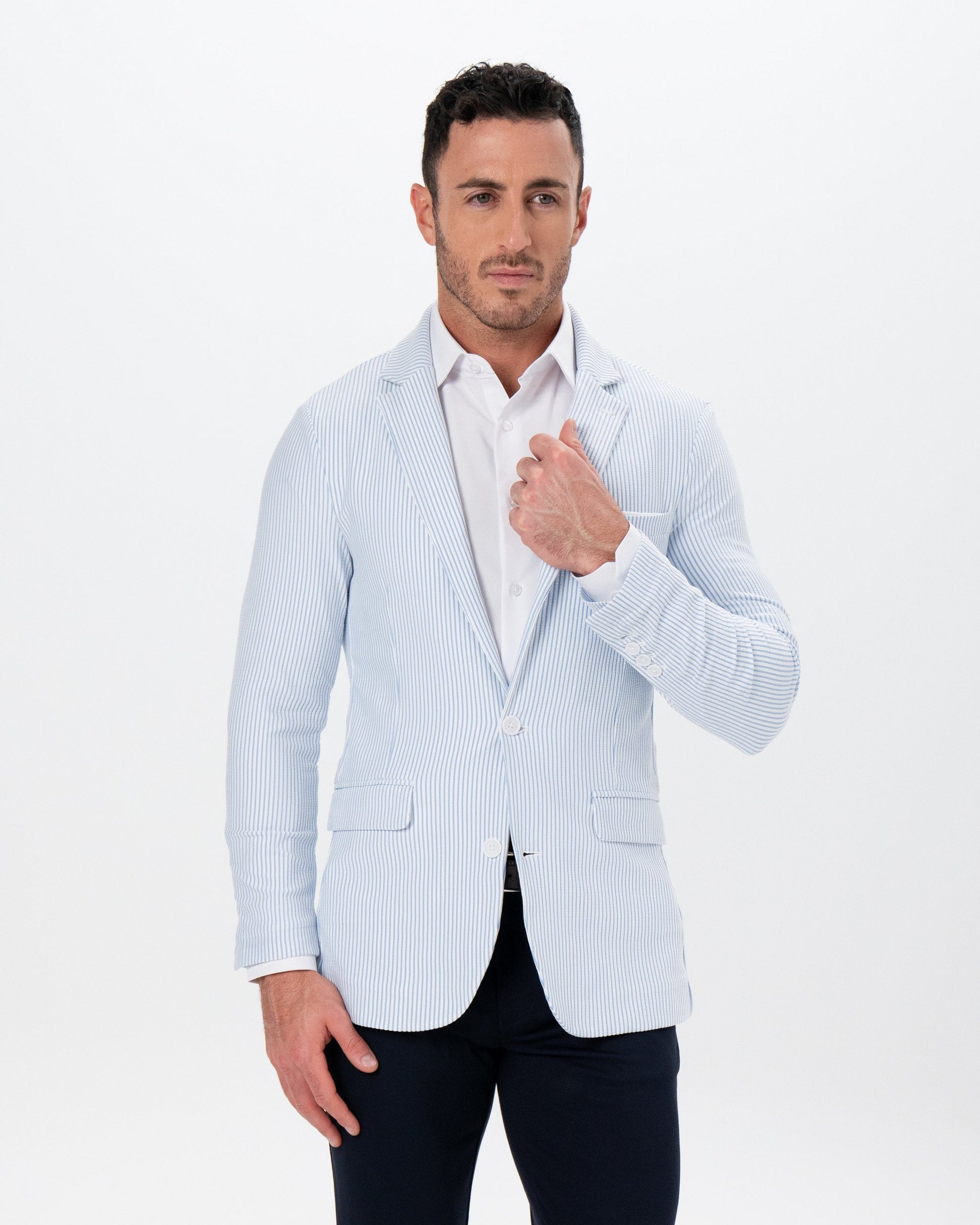 State & Liberty Athletic Fit Stretch Blazer - Light Blue & White Seersucker