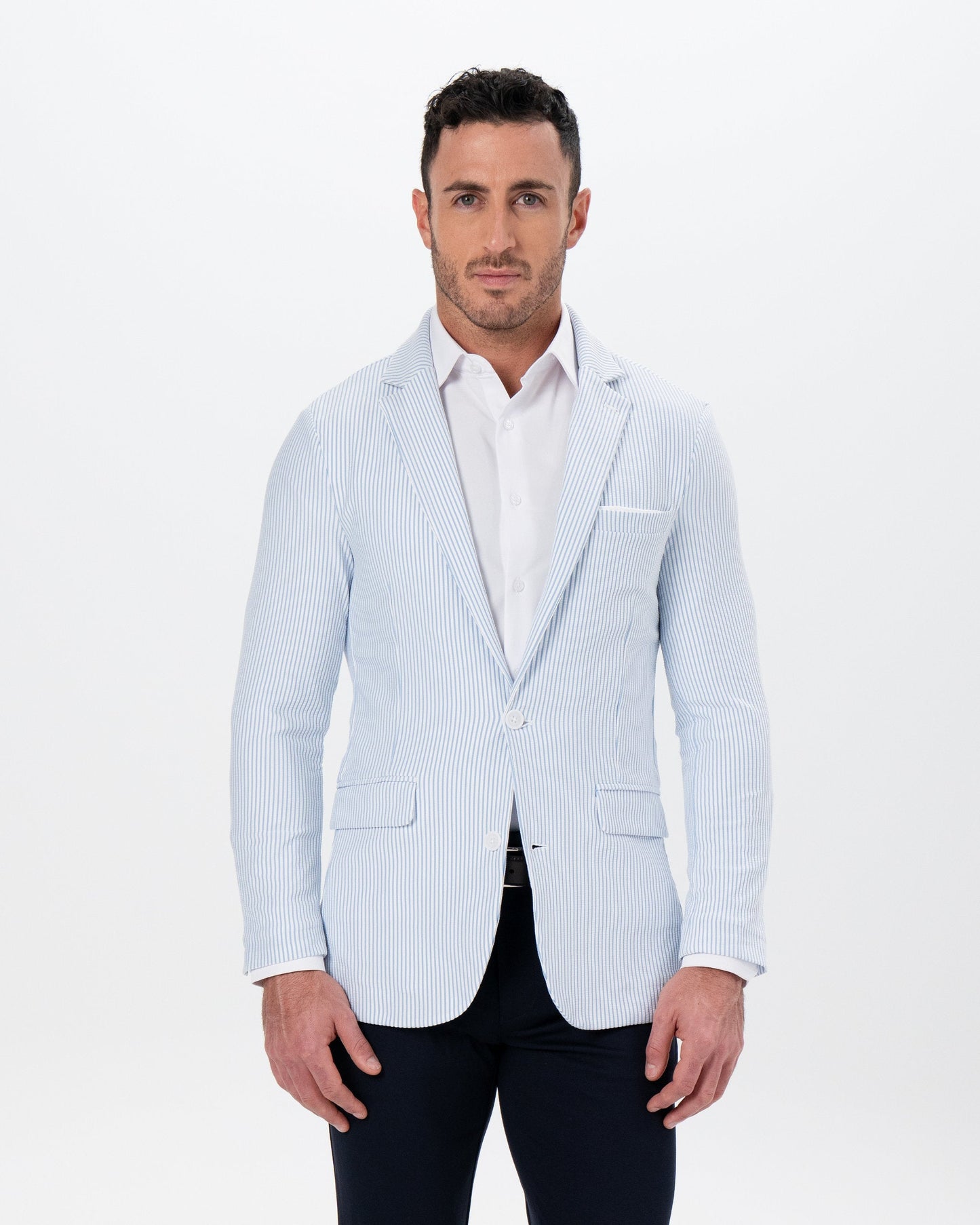 State & Liberty Athletic Fit Stretch Blazer - Light Blue & White Seersucker