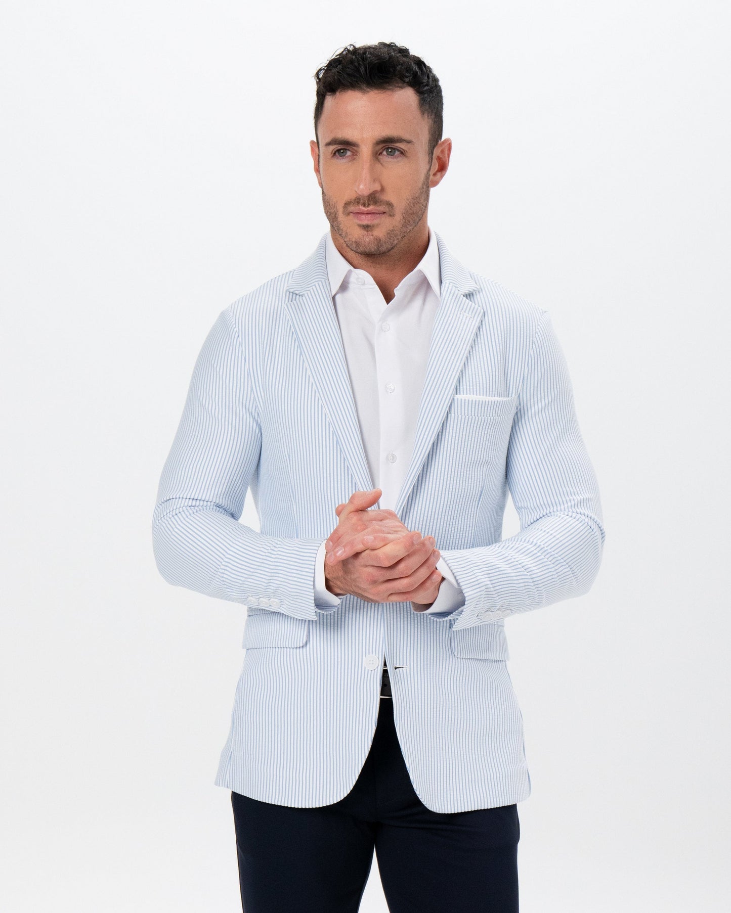 State & Liberty Athletic Fit Stretch Blazer - Light Blue & White Seersucker