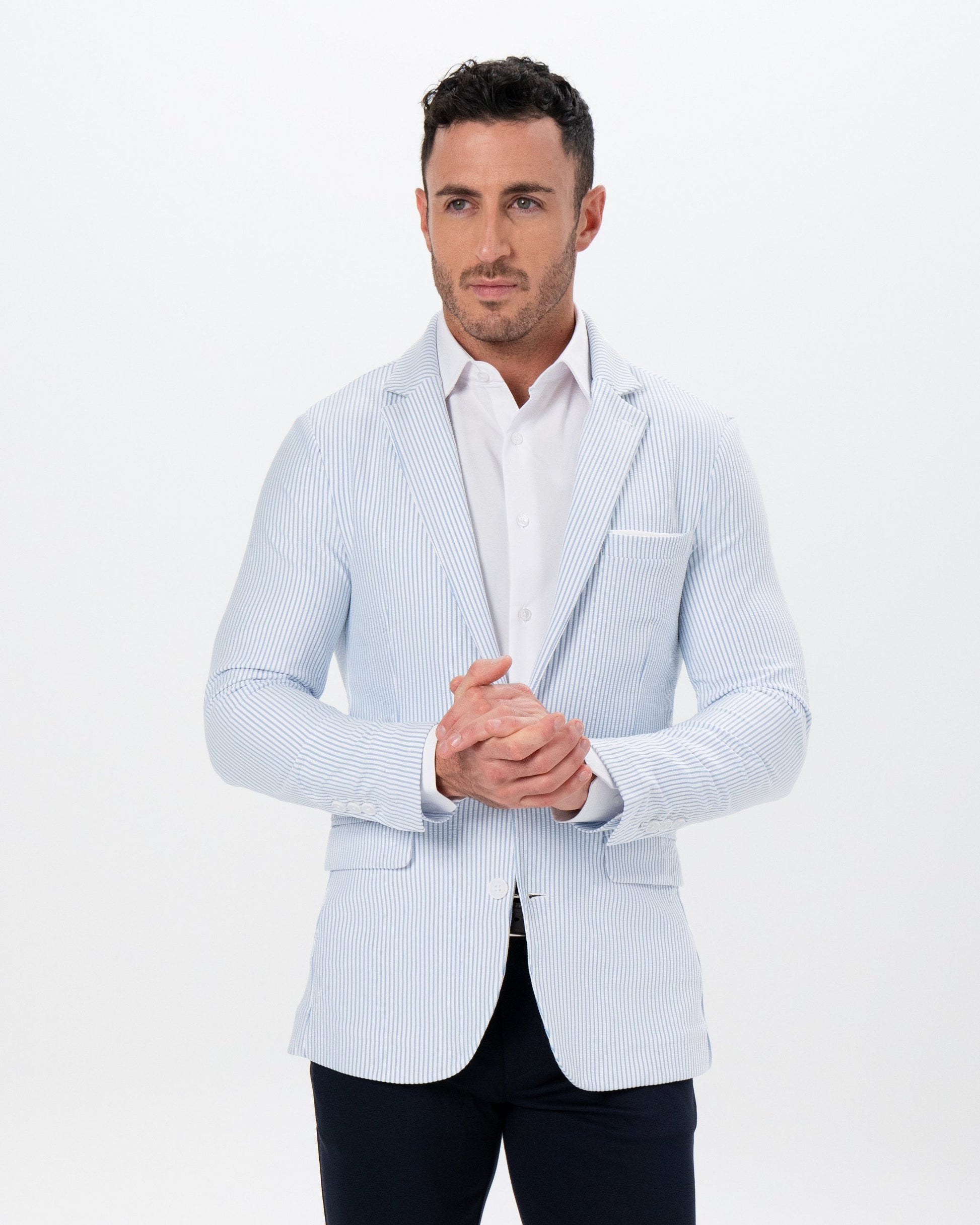 State & Liberty Athletic Fit Stretch Blazer - Light Blue & White Seersucker