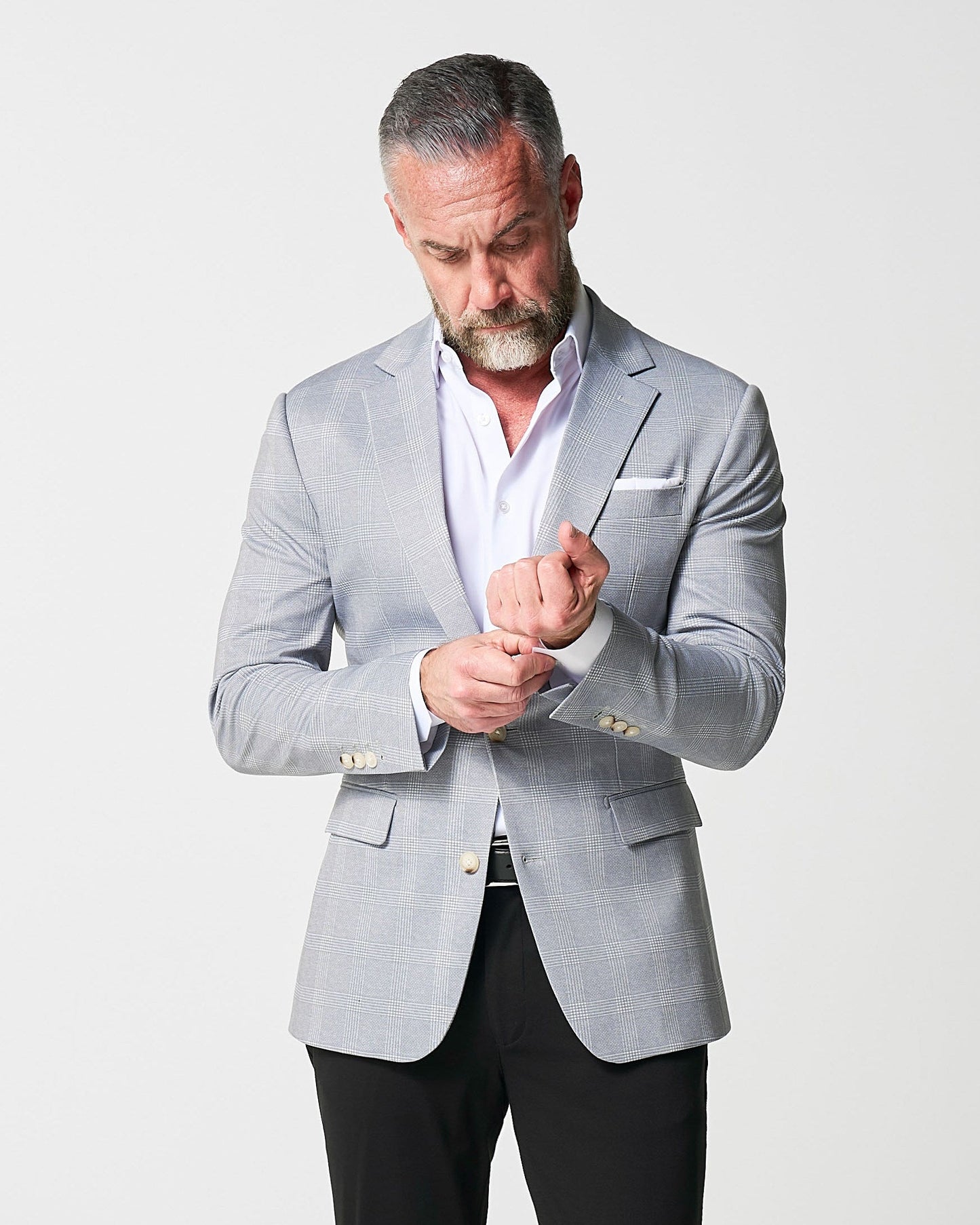 State & Liberty Athletic Fit Stretch Blazer - Ash Grey with White Plaid