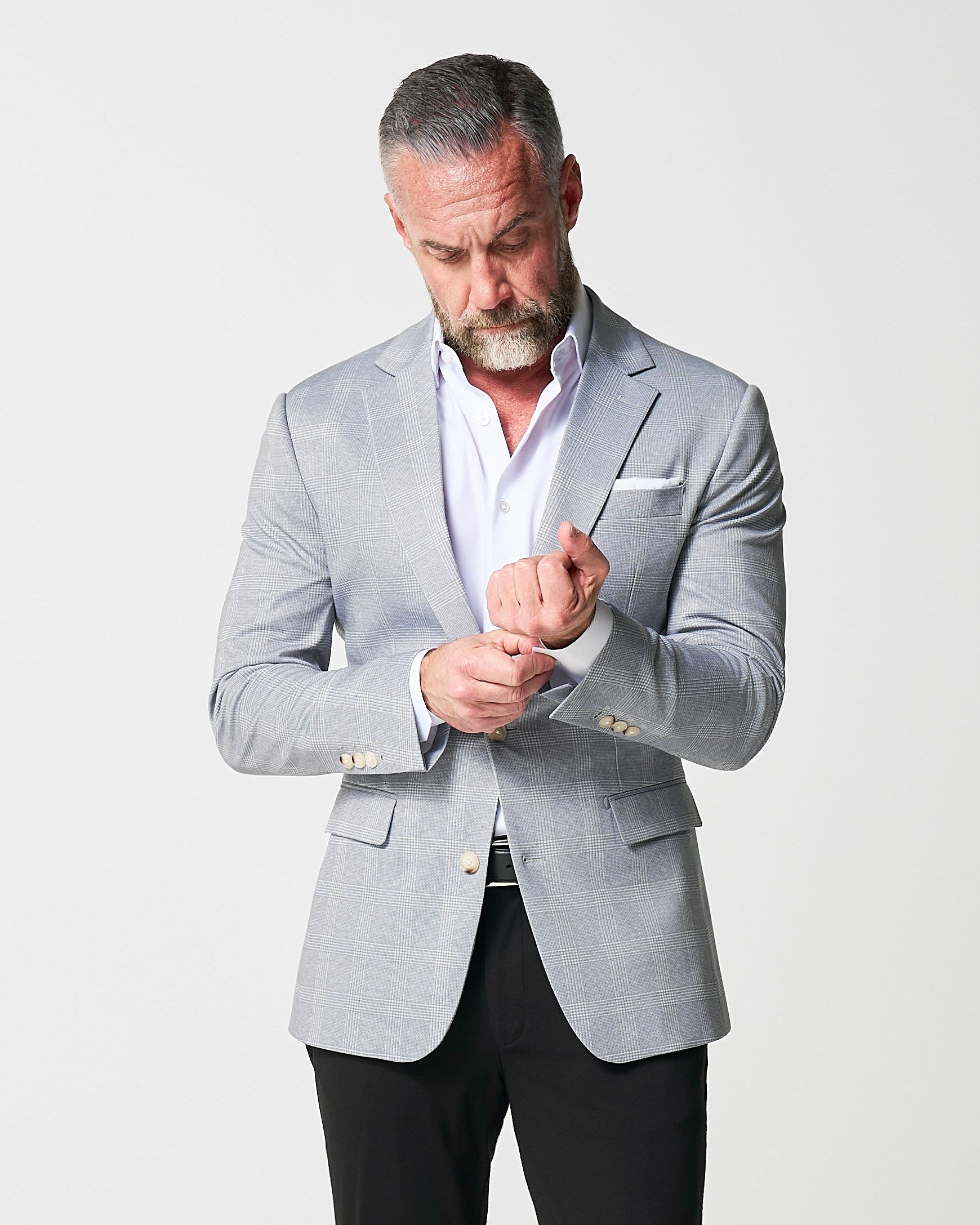 State & Liberty Athletic Fit Stretch Blazer - Ash Grey with White Plaid