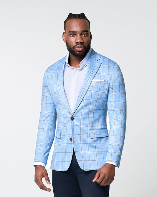 State & Liberty Athletic Fit Stretch Blazer - Light Blue and Brown Big Windowpane