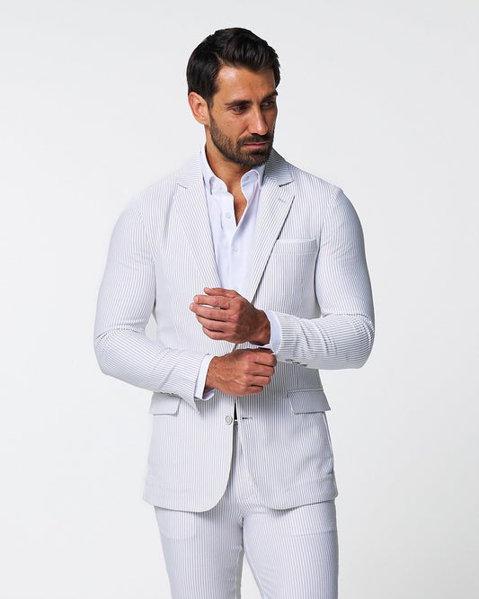 State & Liberty Athletic Fit Stretch Blazer - Grey & White Seersucker