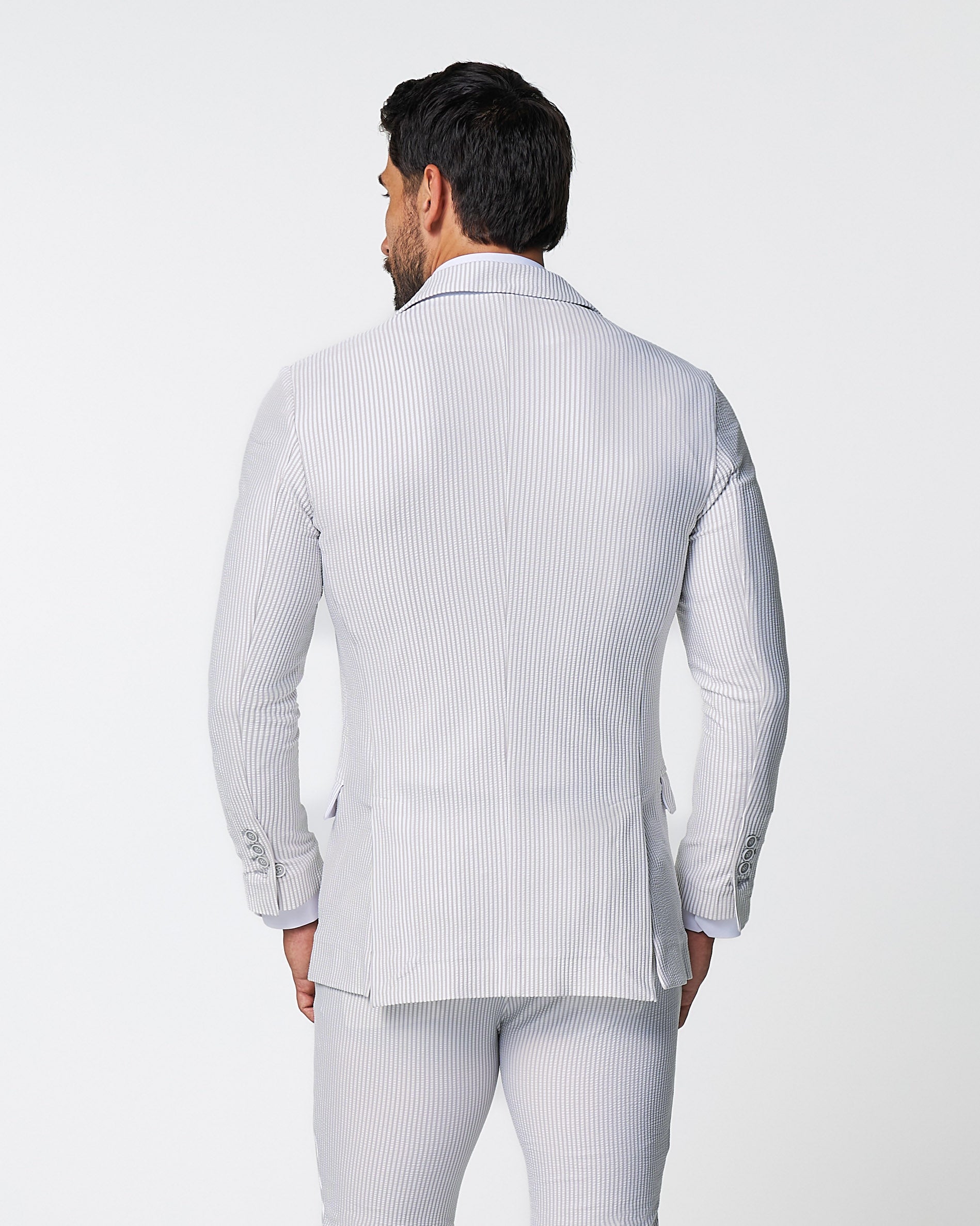 State & Liberty Athletic Fit Stretch Blazer - Grey & White Seersucker