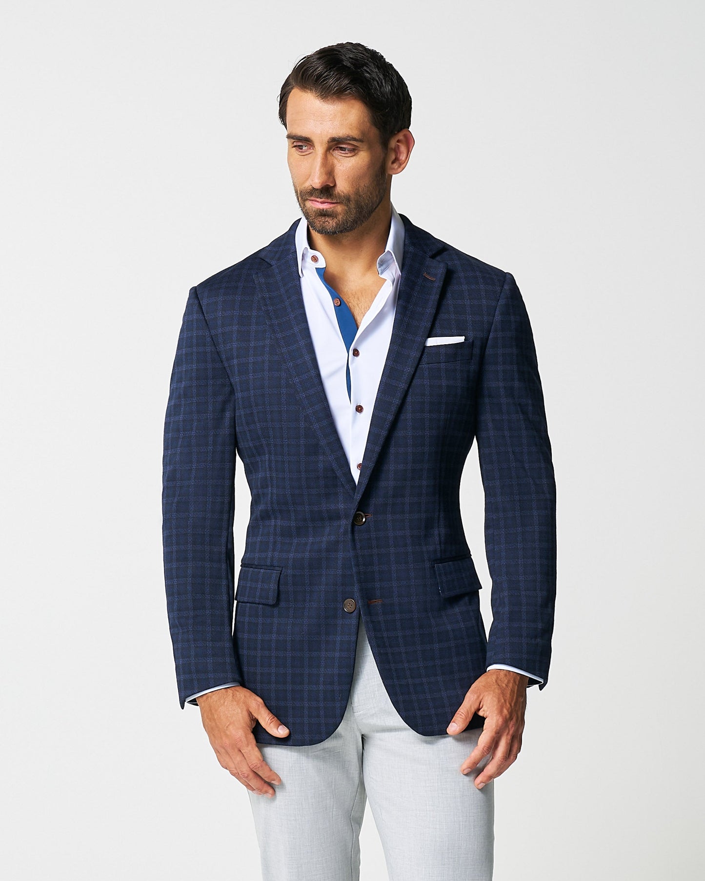 State & Liberty Athletic Fit Stretch Wool Blazer - Blue Plaid