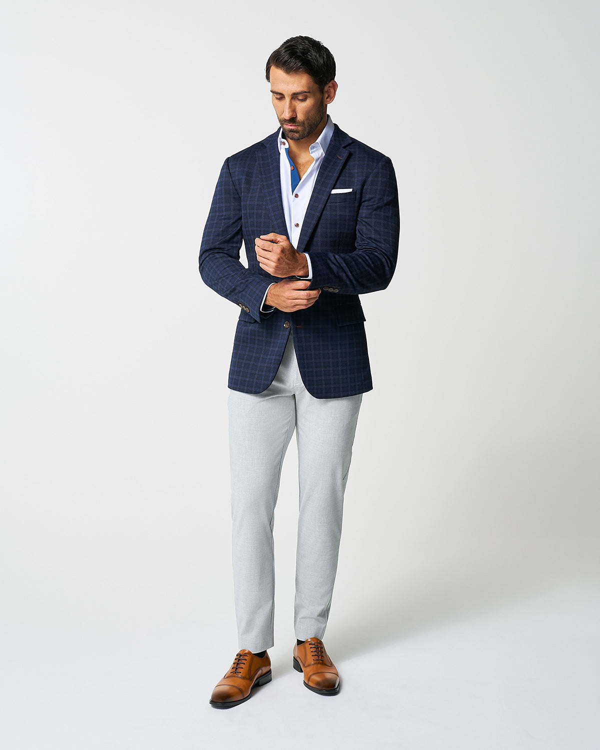 State & Liberty Athletic Fit Stretch Wool Blazer - Blue Plaid