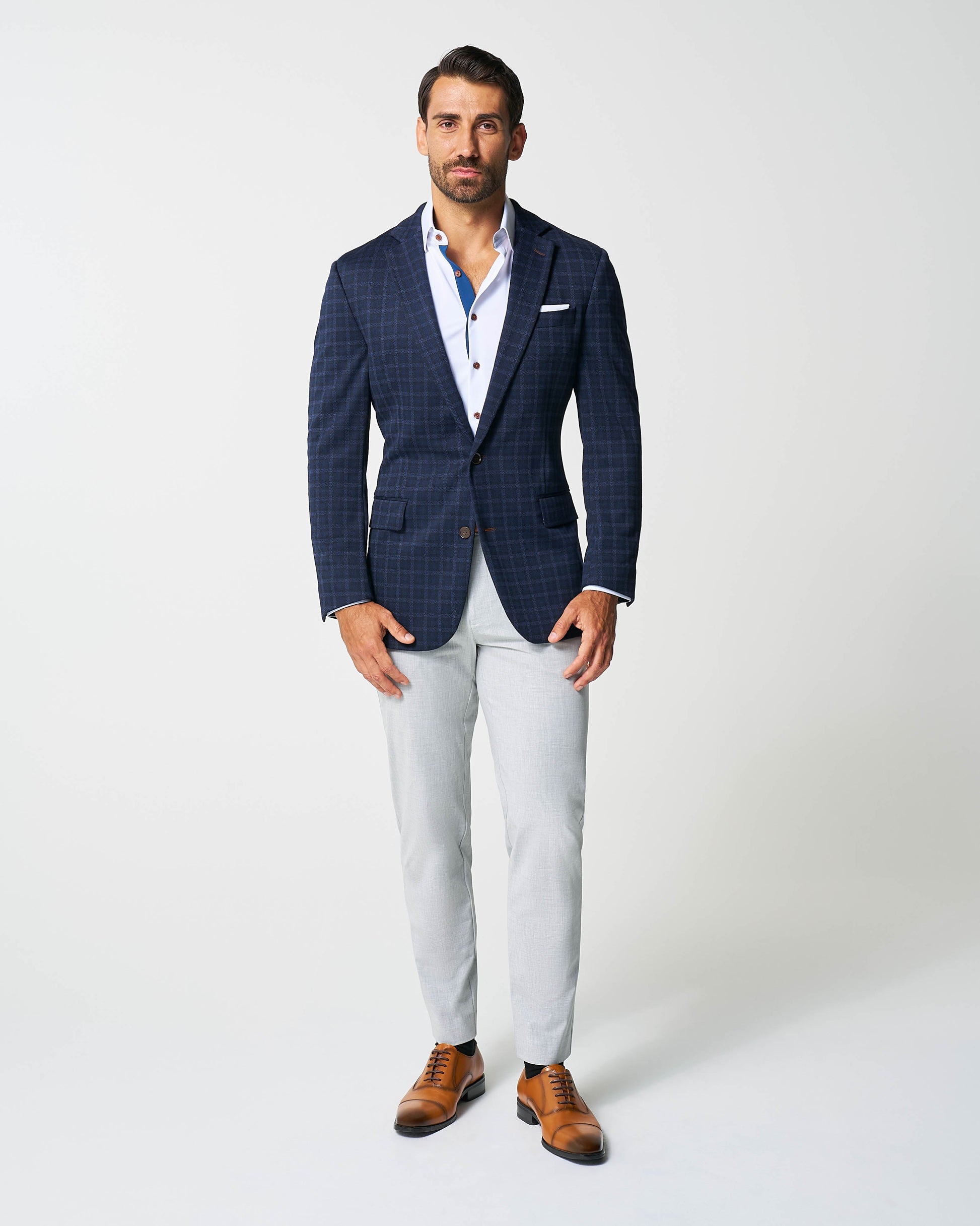 State & Liberty Athletic Fit Stretch Wool Blazer - Blue Plaid