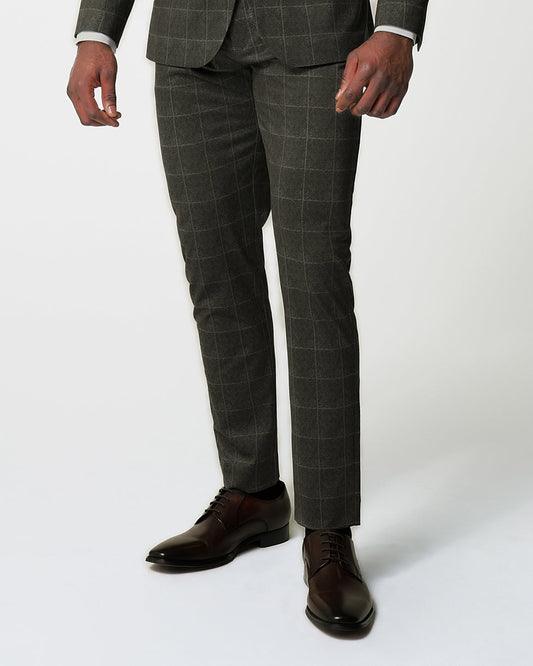 State & Liberty Athletic Fit Stretch Suit Pants - Olive with White Windowpane