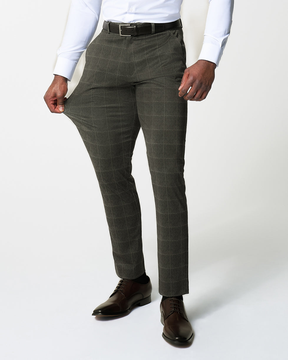 State & Liberty Athletic Fit Stretch Suit Pants - Olive with White Windowpane