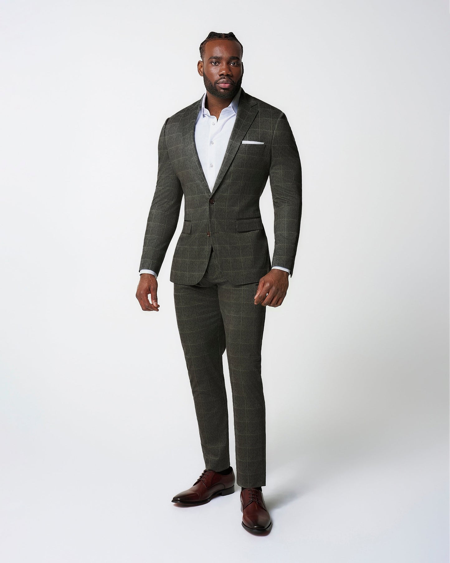 State & Liberty Athletic Fit Stretch Suit Pants - Olive with White Windowpane