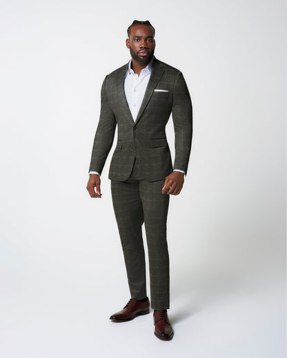State & Liberty Athletic Fit Stretch Suit Pants - Olive with White Windowpane