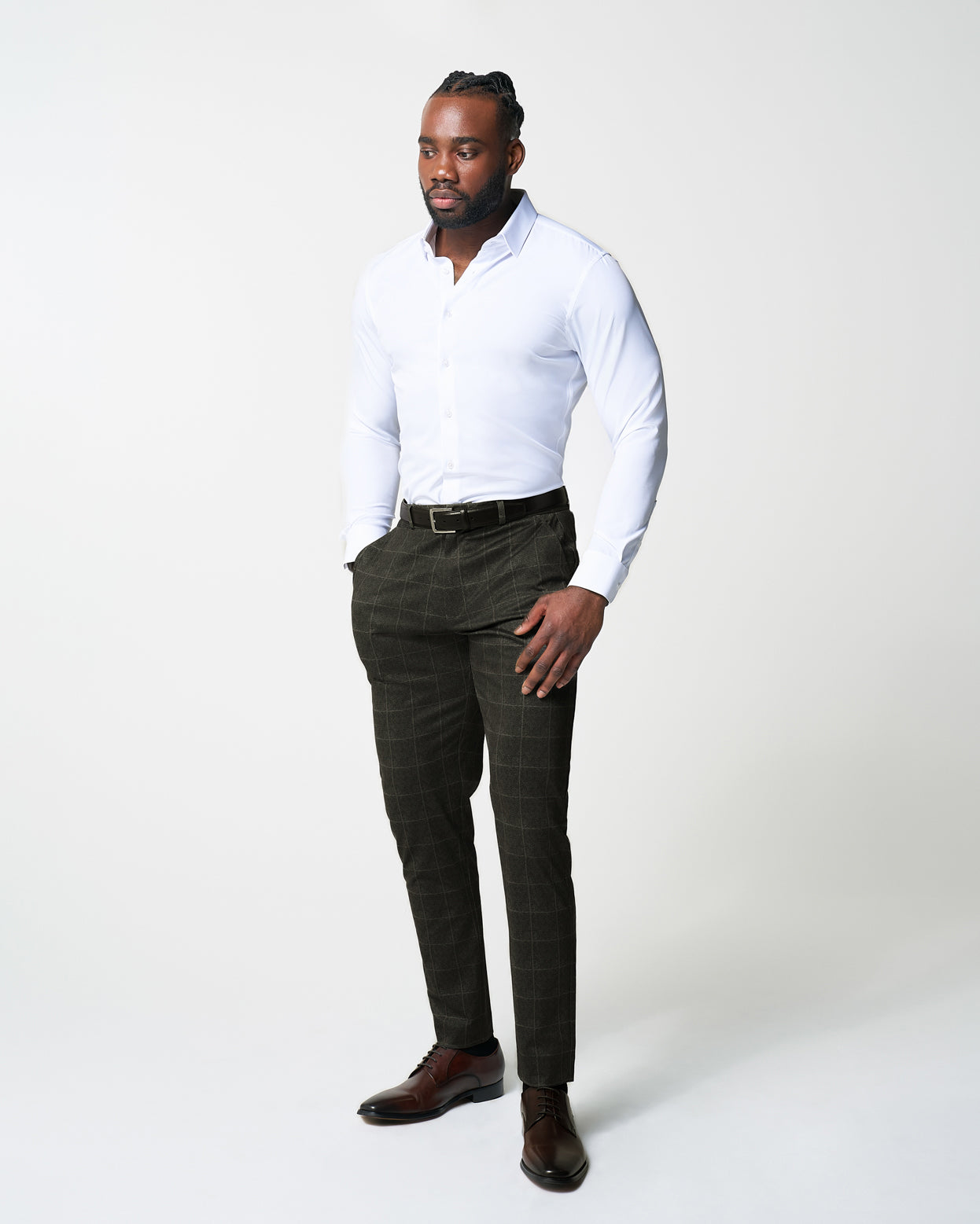 State & Liberty Athletic Fit Stretch Suit Pants - Olive with White Windowpane