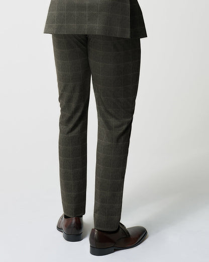State & Liberty Athletic Fit Stretch Suit Pants - Olive with White Windowpane