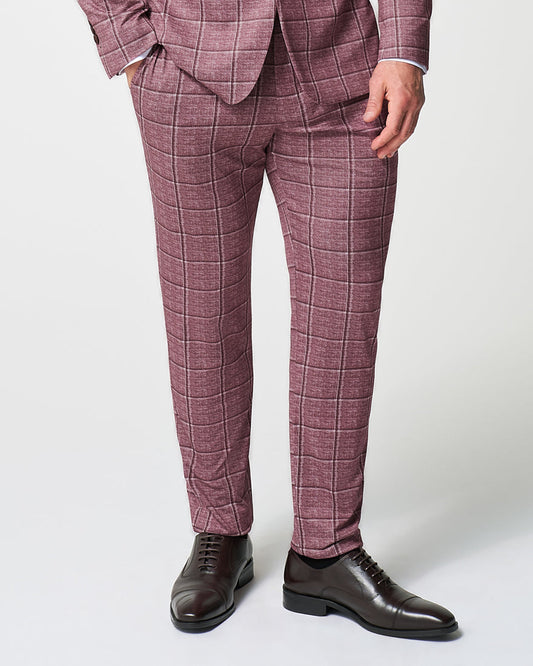 State & Liberty Athletic Fit Stretch Suit Pants - Crimson with Burgundy Big Windowpane