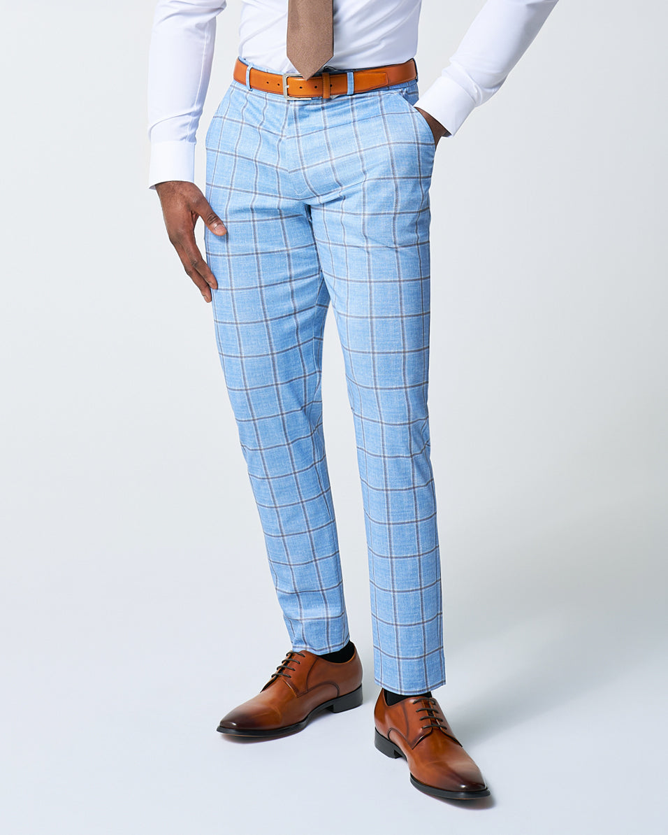 State & Liberty Athletic Fit Stretch Suit Pants - Light Blue and Brown Big Windowpane