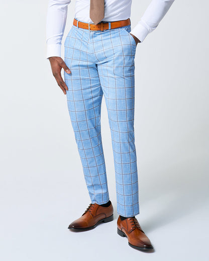 State & Liberty Athletic Fit Stretch Suit Pants - Light Blue and Brown Big Windowpane