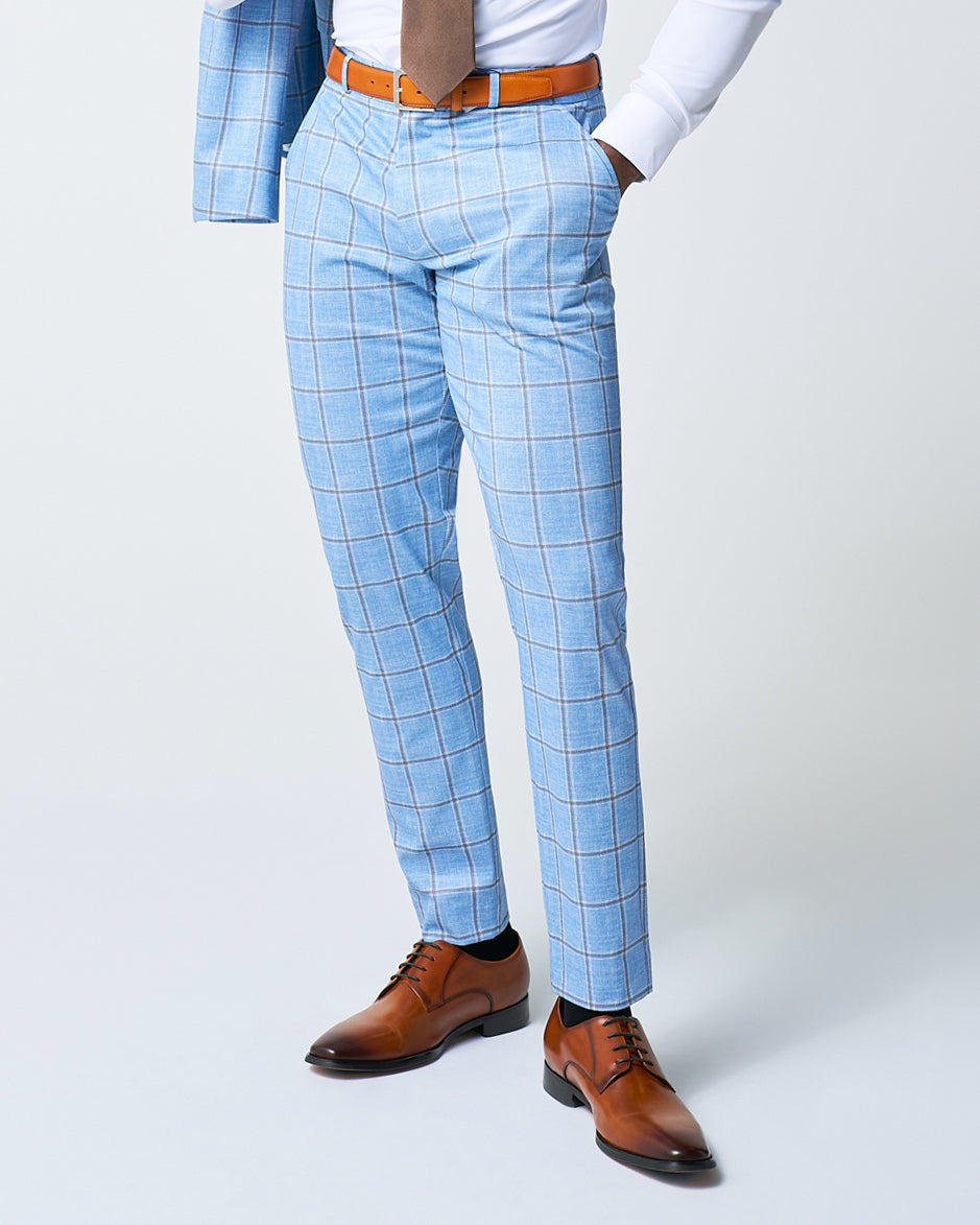 State & Liberty Athletic Fit Stretch Suit Pants - Light Blue and Brown Big Windowpane