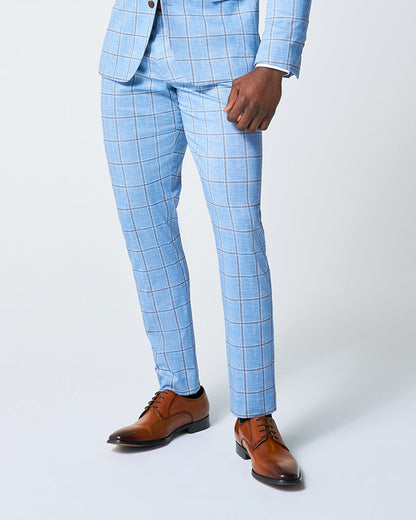 State & Liberty Athletic Fit Stretch Suit Pants - Light Blue and Brown Big Windowpane