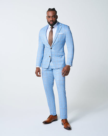 State & Liberty Athletic Fit Stretch Suit Pants - Light Blue and Brown Big Windowpane