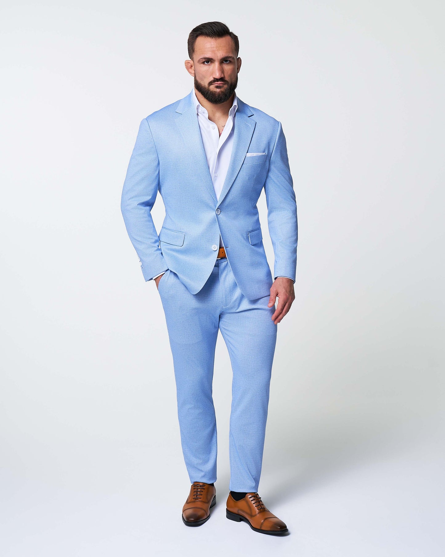 State & Liberty Athletic Fit Stretch Suit Pants - Light Blue Mini Houndstooth