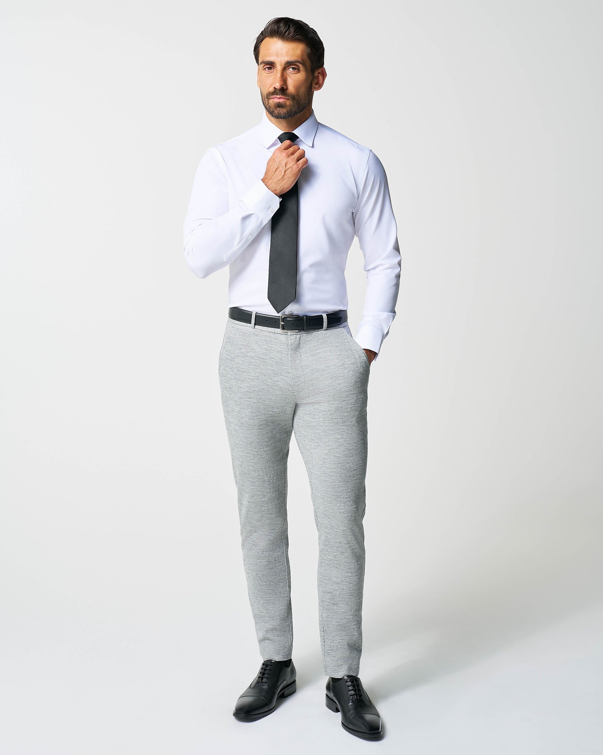 State & Liberty Athletic Fit Stretch Wool Suit Pants - Light Grey with White Mini Stri