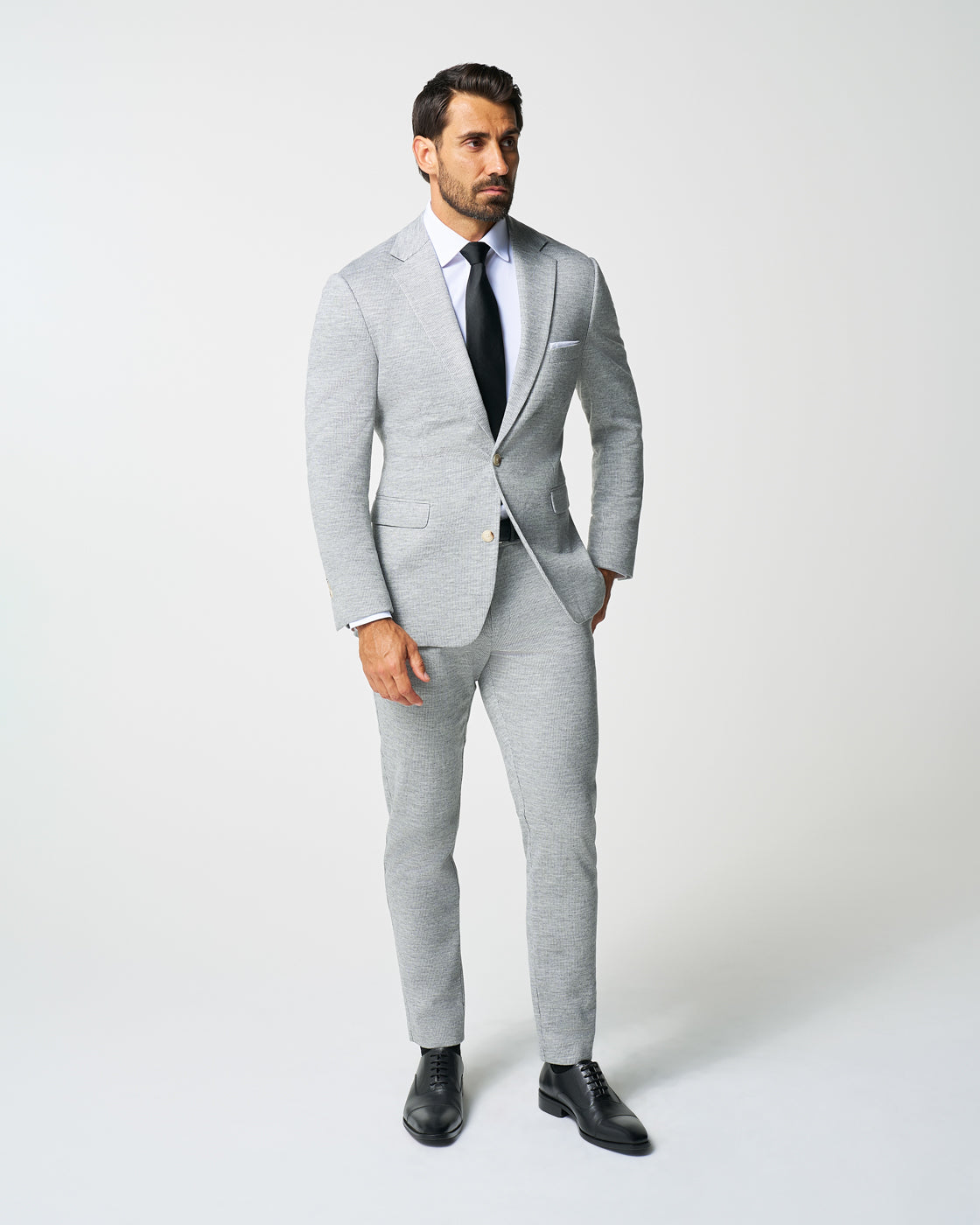 State & Liberty Athletic Fit Stretch Wool Suit Pants - Light Grey with White Mini Stri